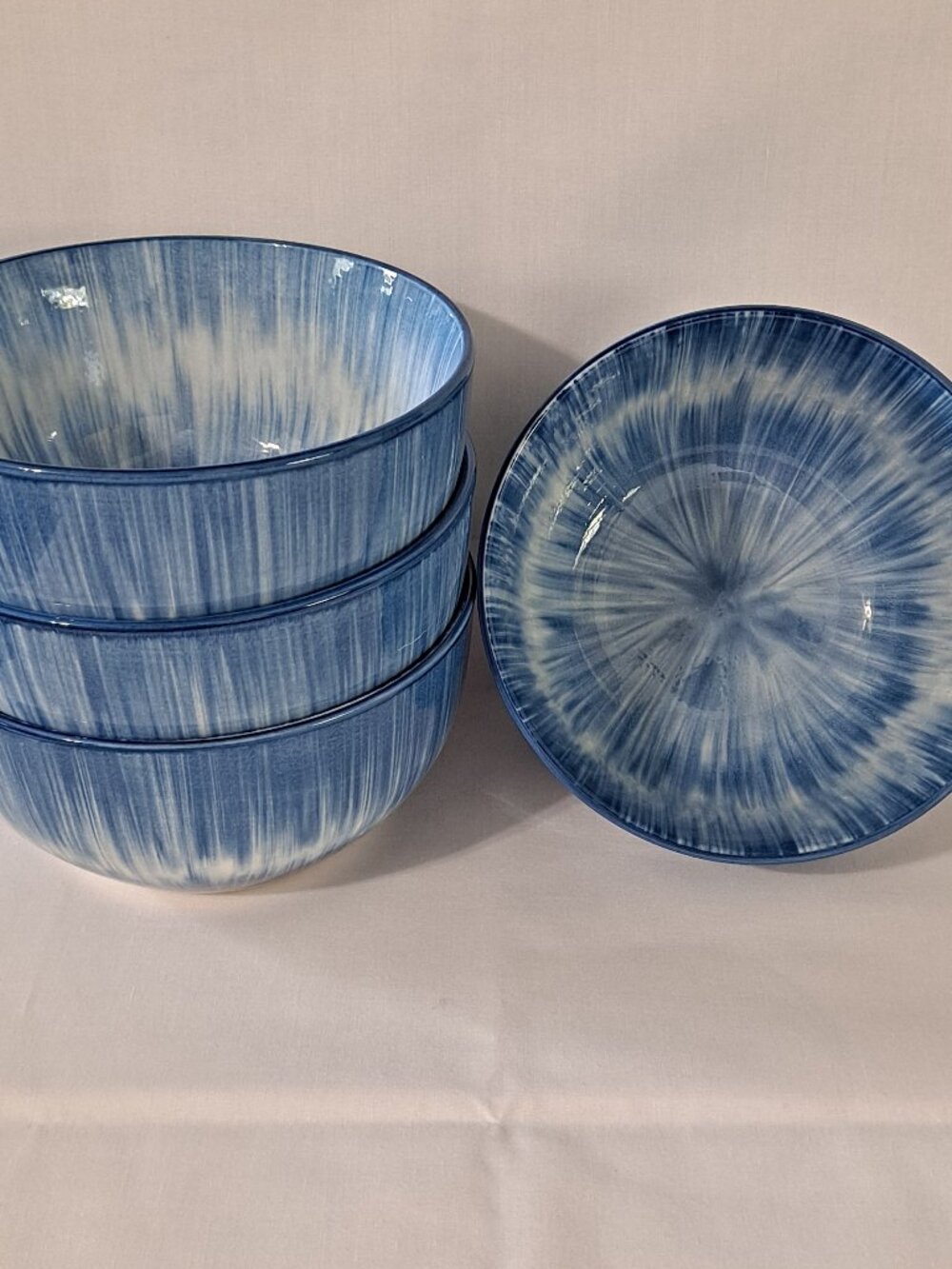 Lot 4 Royal Norfolk BLUE BURST 5 1/2" Soup BOWLS Cereal Tie Dye White